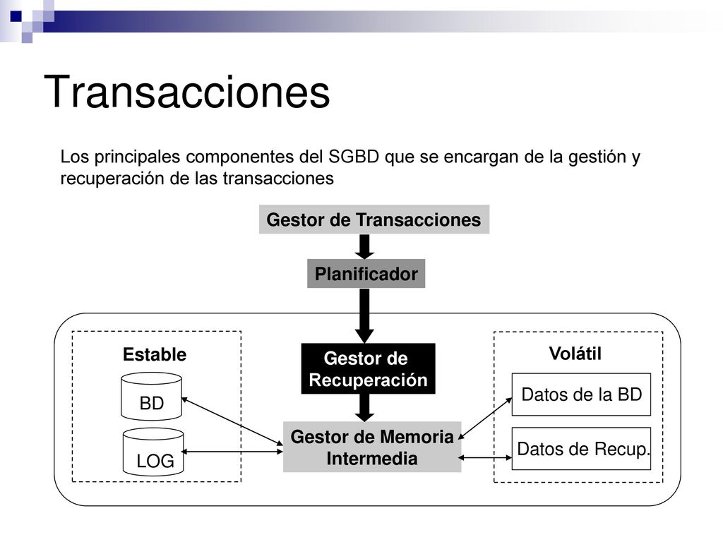 Transacciones Los principales componentes del SGBD que se encargan de la gestión y recuperación de las transacciones.