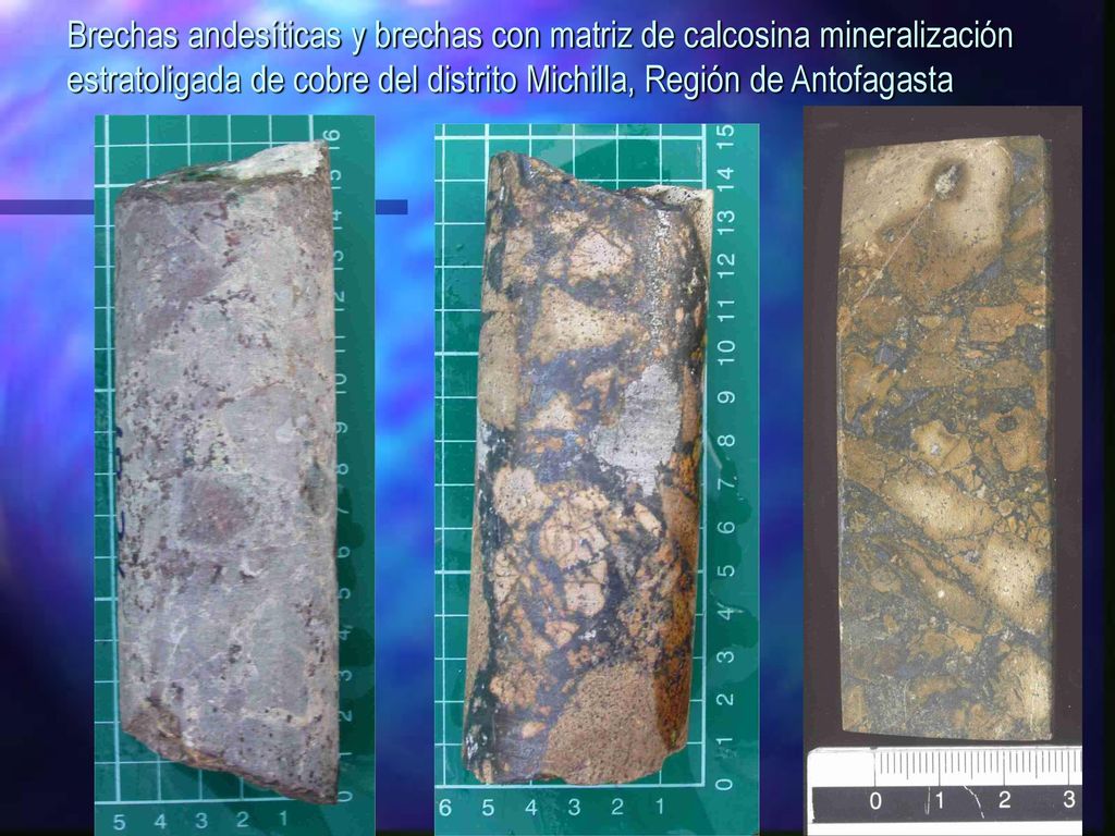 Brechas andesíticas y brechas con matriz de calcosina mineralización estratoligada de cobre del distrito Michilla, Región de Antofagasta