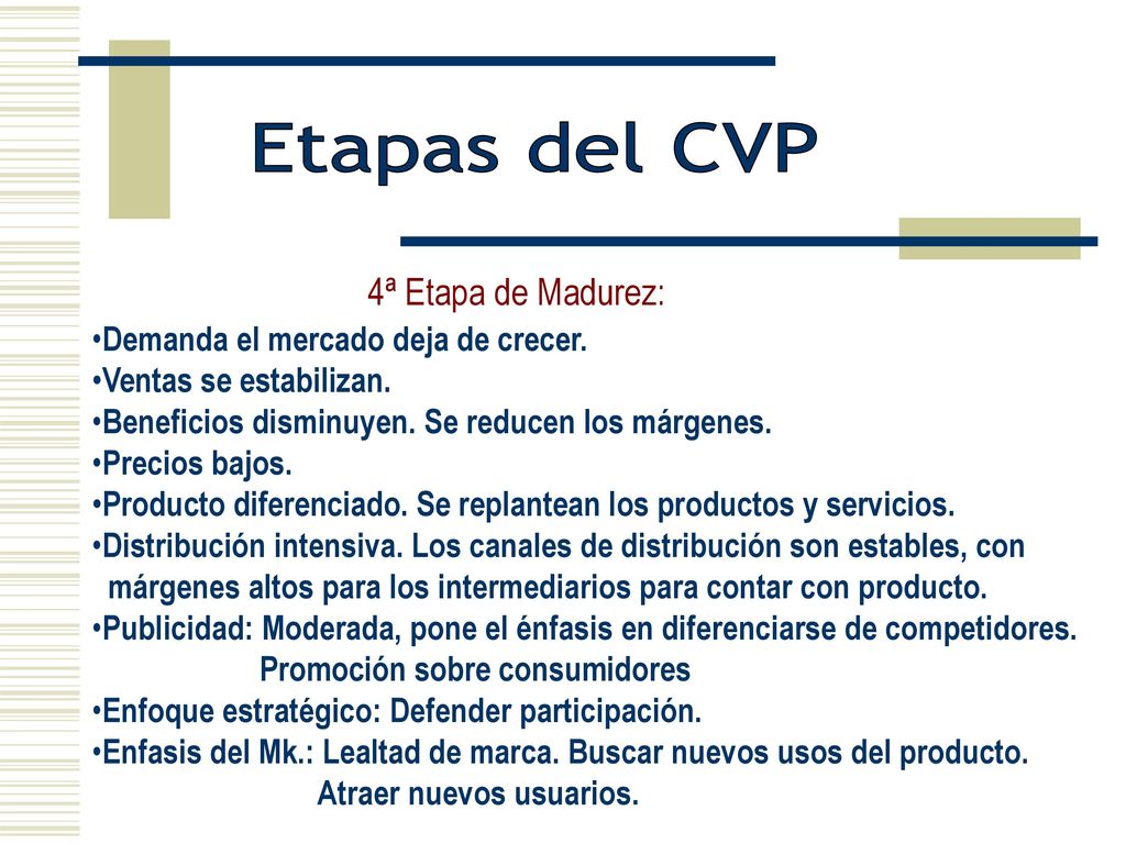 Etapas del CVP 4ª Etapa de Madurez: Demanda el mercado deja de crecer.