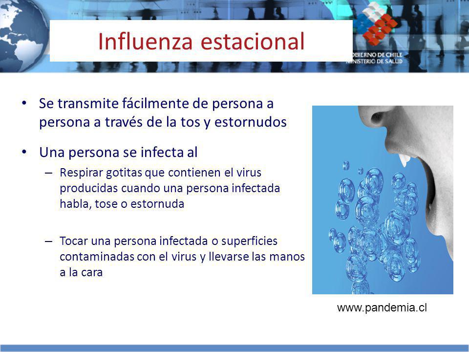 Influenza estacional Se transmite fácilmente de persona a persona a través de la tos y estornudos. Una persona se infecta al.