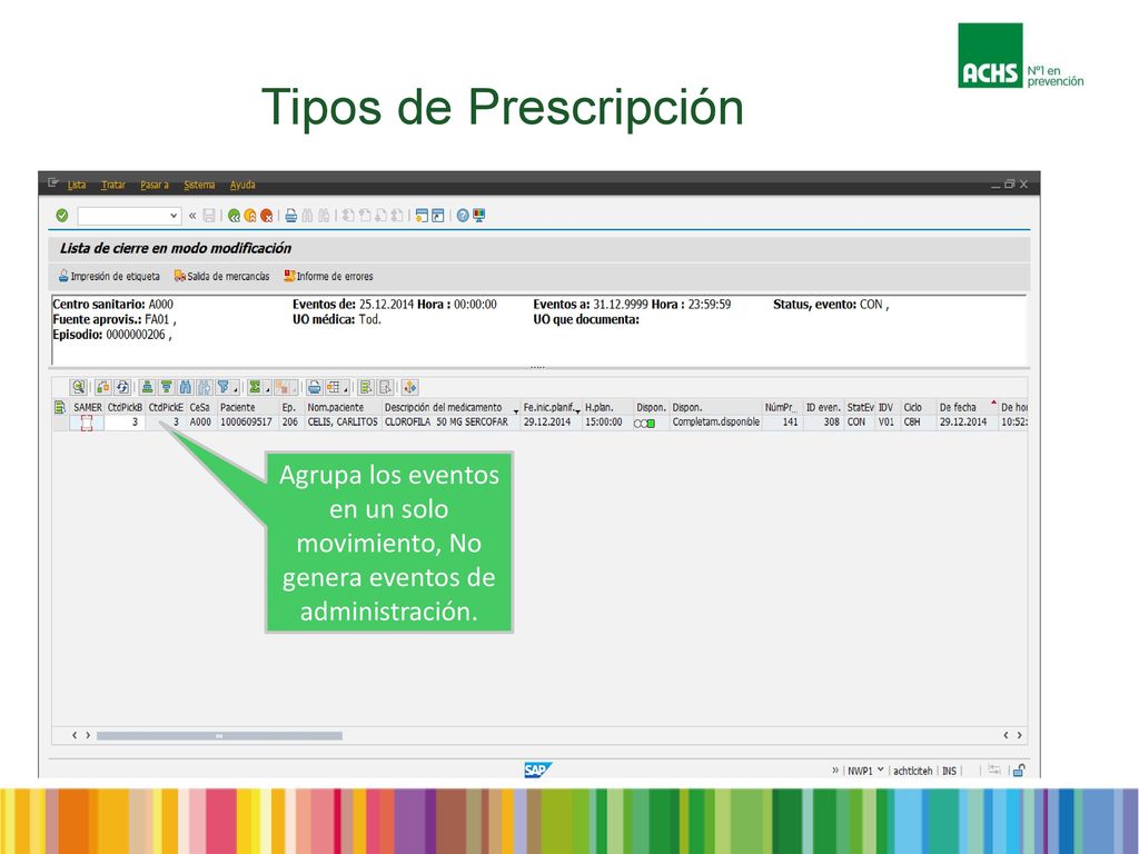 Tipos de Prescripción Agrupa los eventos en un solo movimiento, No genera eventos de administración.