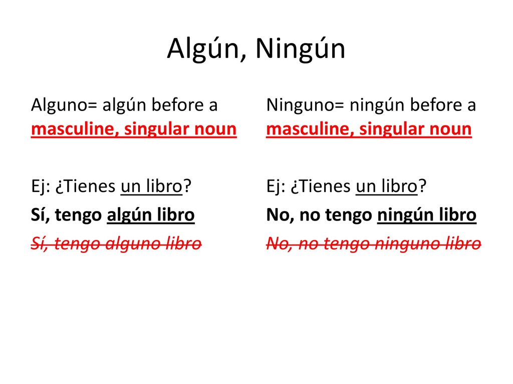 Algún, Ningún Alguno= algún before a masculine, singular noun Ej: ¿Tienes un libro Sí, tengo algún libro Sí, tengo alguno libro