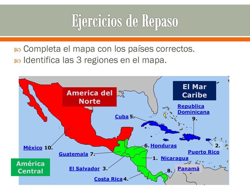 Ejercicios de Repaso Completa el mapa con los países correctos.