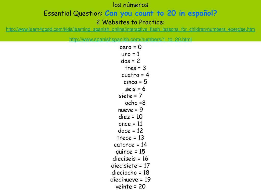 los números Essential Question: Can you count to 20 in español