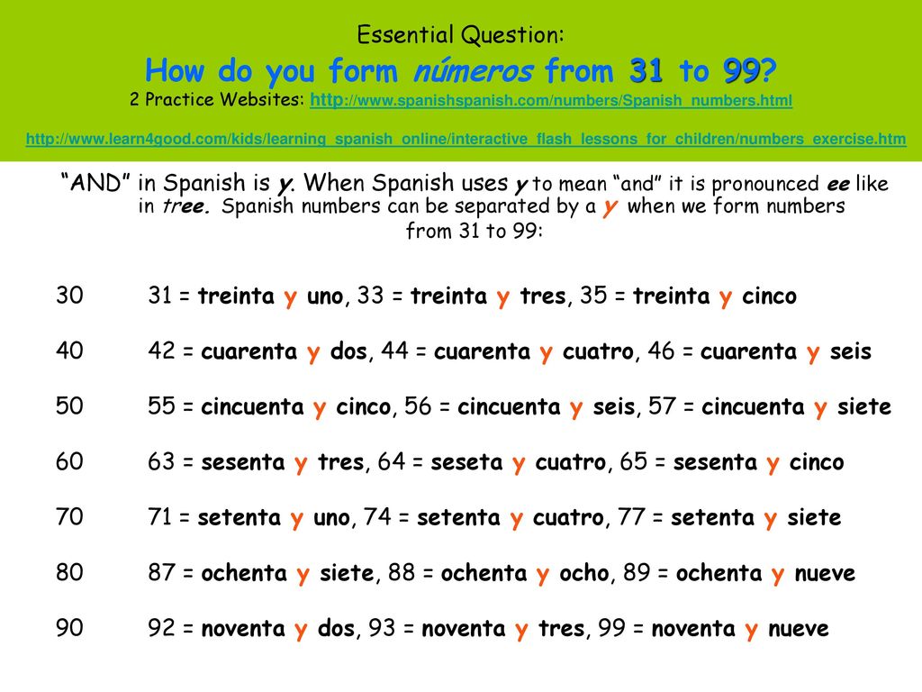30 31 = treinta y uno, 33 = treinta y tres, 35 = treinta y cinco