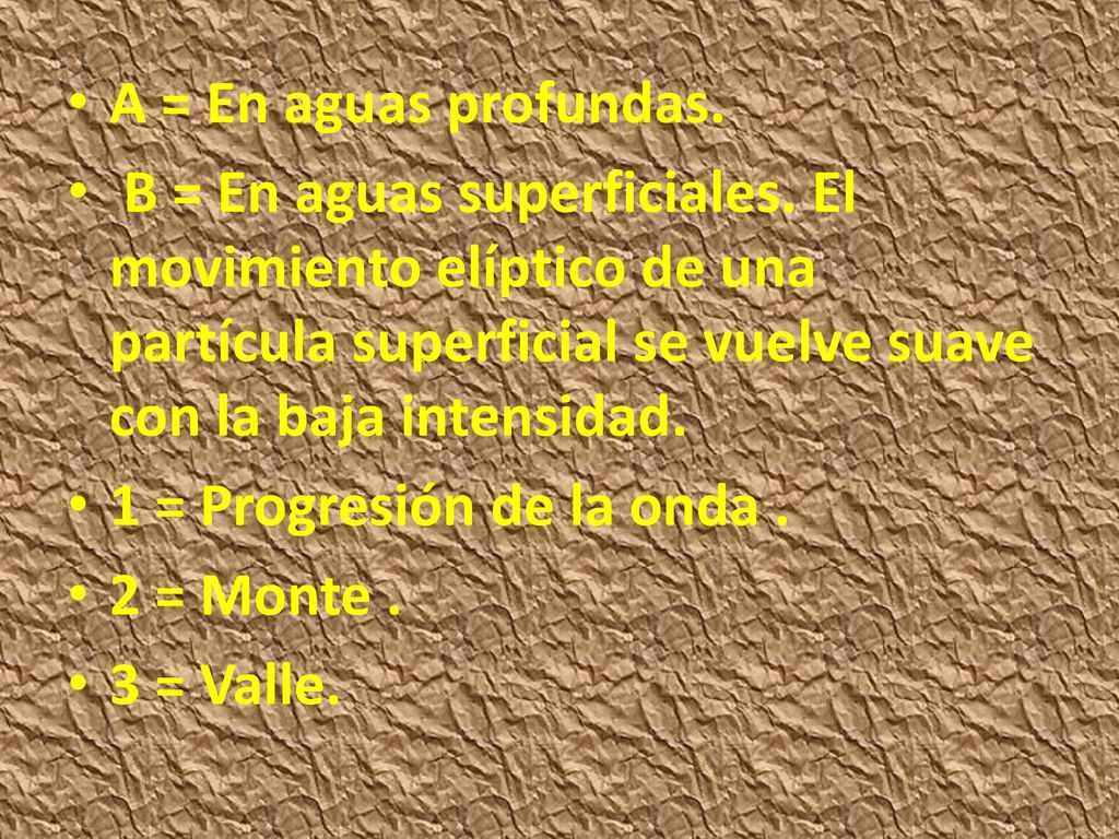 A = En aguas profundas. B = En aguas superficiales. El movimiento elíptico de una partícula superficial se vuelve suave con la baja intensidad.