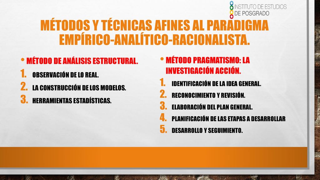 Métodos y técnicas afines al paradigma empírico-analítico-racionalista.