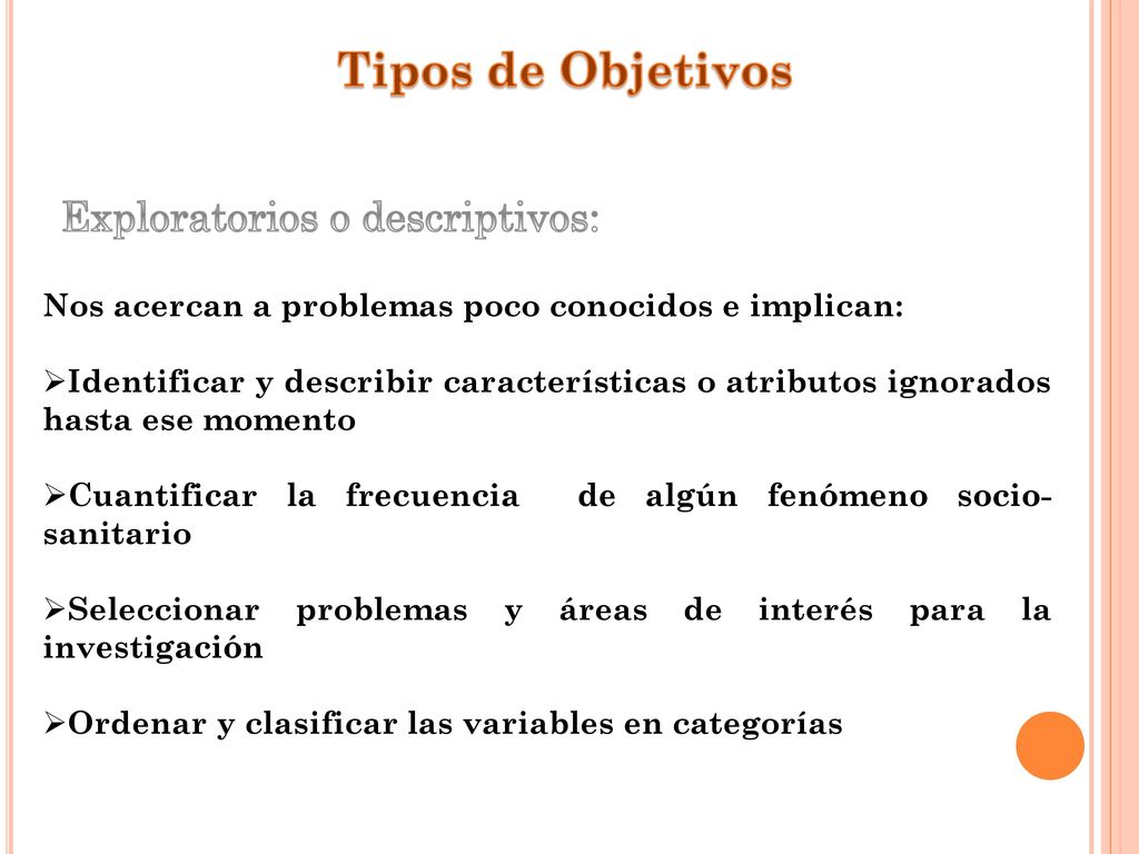 Tipos de Objetivos Exploratorios o descriptivos: