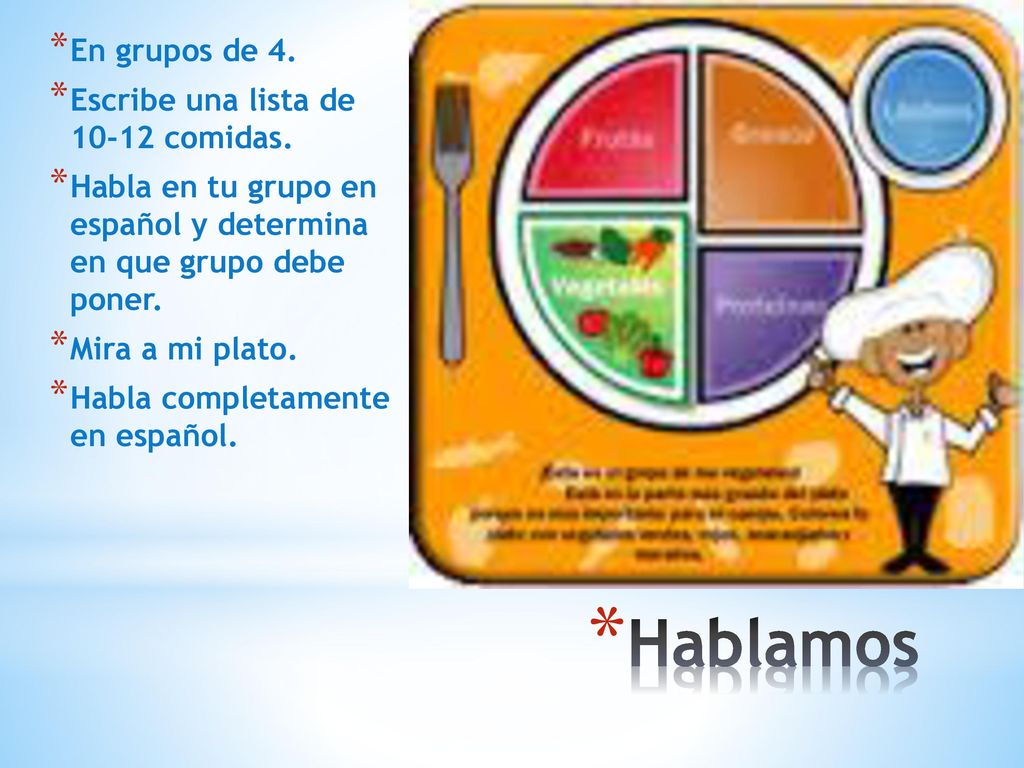 Hablamos En grupos de 4. Escribe una lista de comidas.