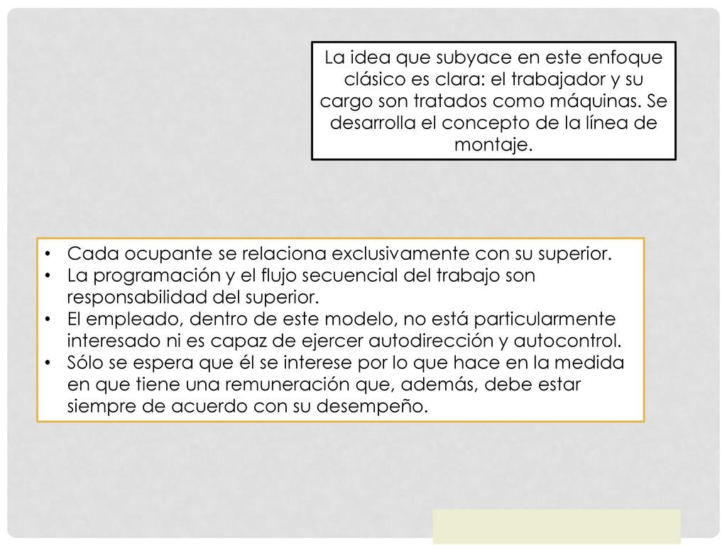 La idea que subyace en este enfoque clásico es clara: el trabajador y su cargo son tratados como máquinas. Se desarrolla el concepto de la línea de montaje.