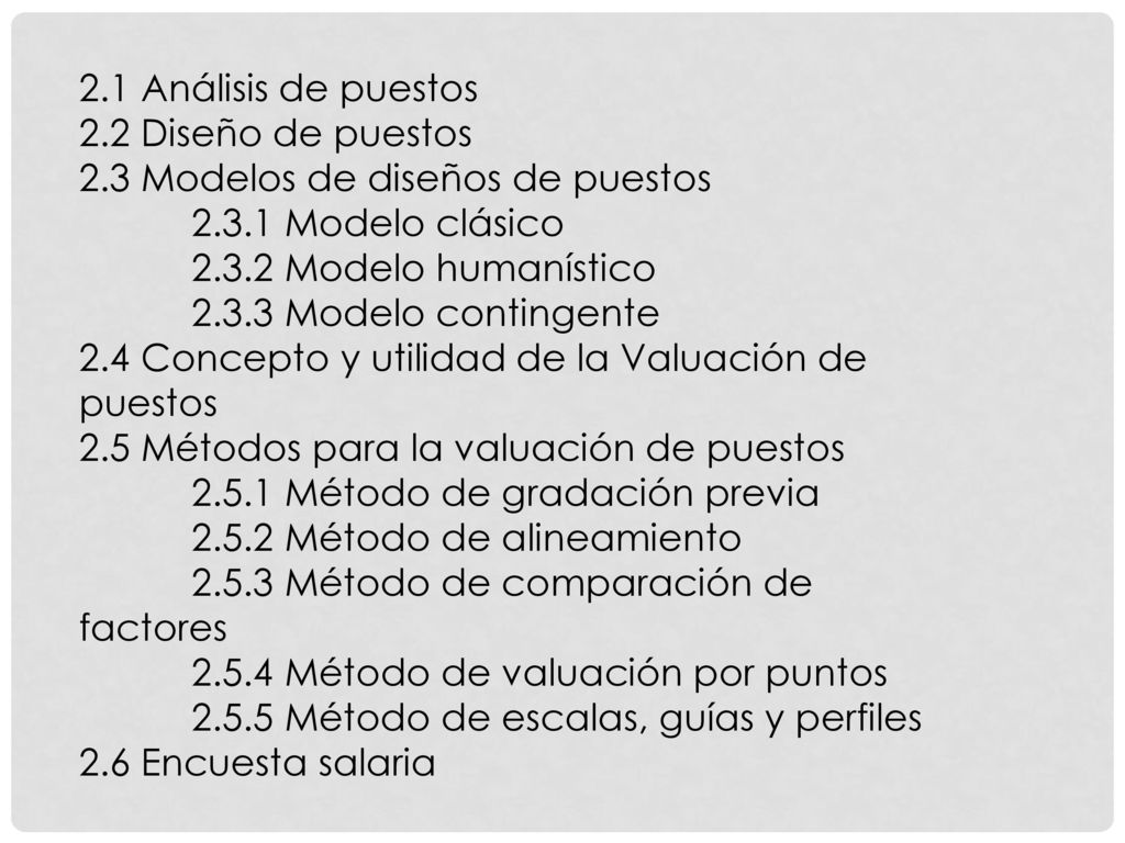 2.1 Análisis de puestos 2.2 Diseño de puestos. 2.3 Modelos de diseños de puestos Modelo clásico.