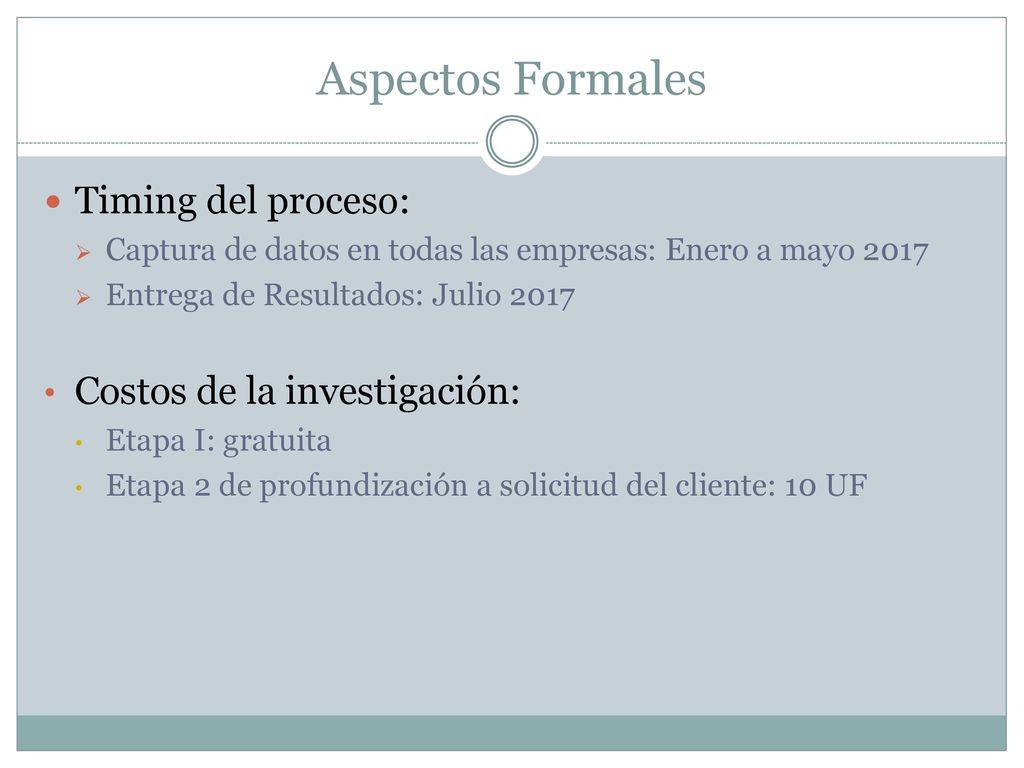 Aspectos Formales Timing del proceso: Costos de la investigación: