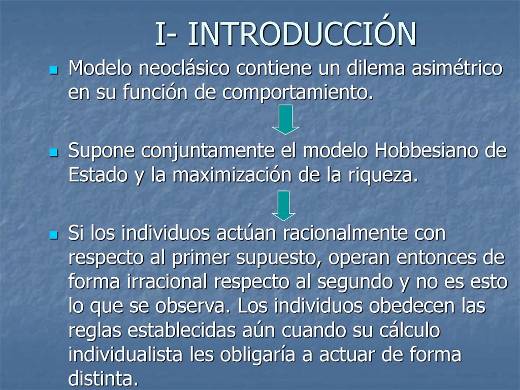 I- INTRODUCCIÓN Modelo neoclásico contiene un dilema asimétrico en su función de comportamiento.