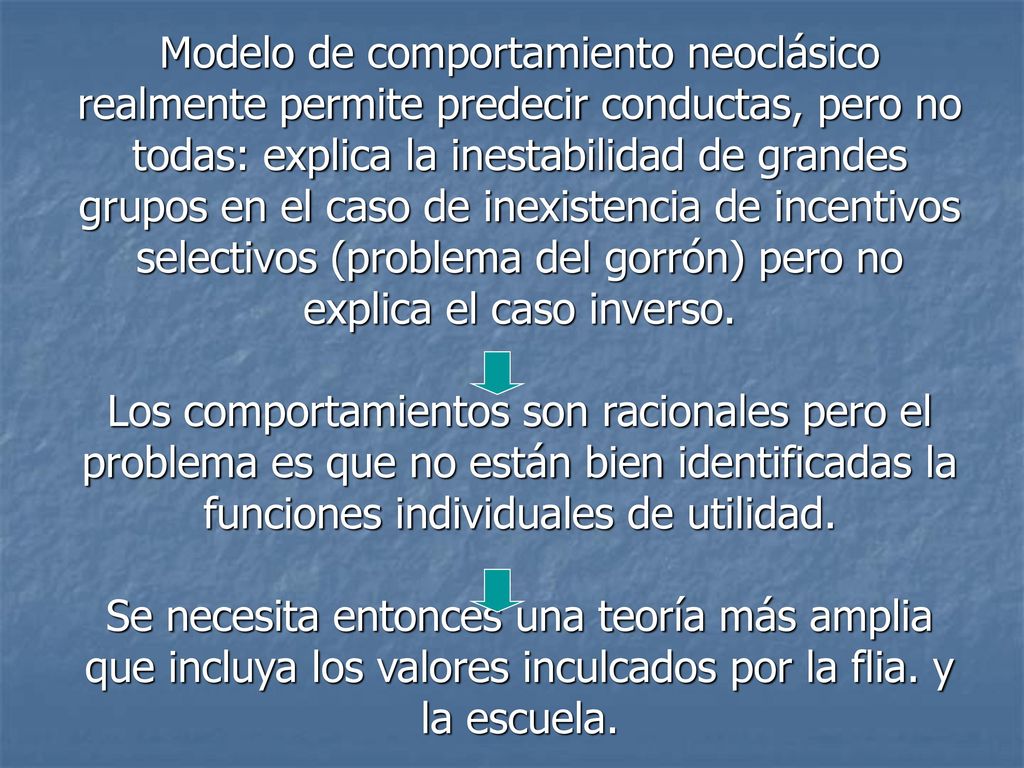 Modelo de comportamiento neoclásico realmente permite predecir conductas, pero no todas: explica la inestabilidad de grandes grupos en el caso de inexistencia de incentivos selectivos (problema del gorrón) pero no explica el caso inverso.