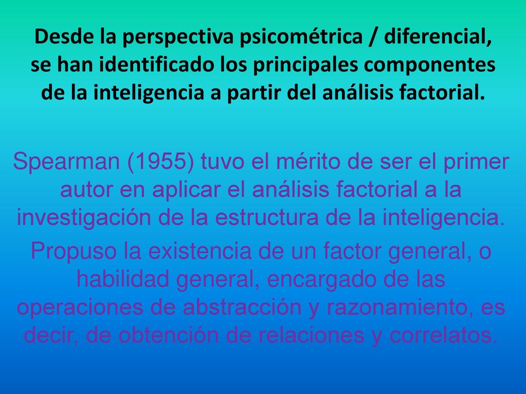 Desde la perspectiva psicométrica / diferencial, se han identificado los principales componentes de la inteligencia a partir del análisis factorial.