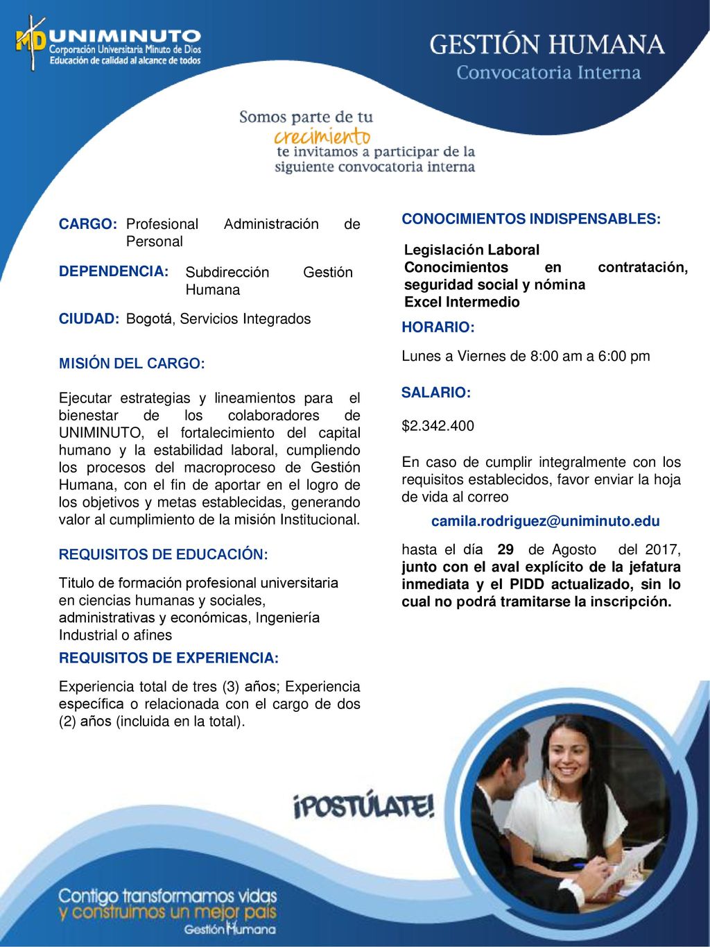 CARGO: DEPENDENCIA: CIUDAD: MISIÓN DEL CARGO: REQUISITOS DE EDUCACIÓN: REQUISITOS DE EXPERIENCIA:
