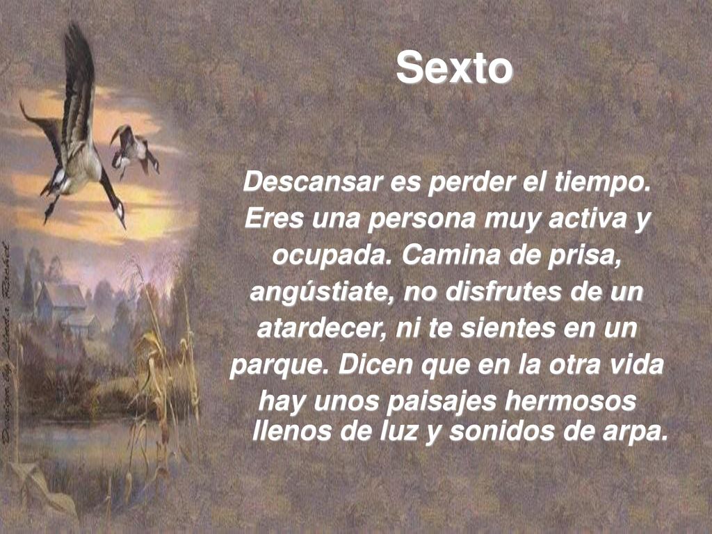 Sexto Descansar es perder el tiempo. Eres una persona muy activa y