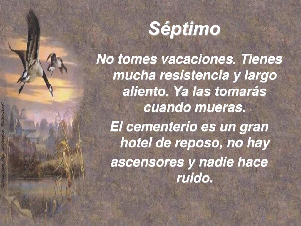 Séptimo No tomes vacaciones. Tienes mucha resistencia y largo aliento. Ya las tomarás cuando mueras.