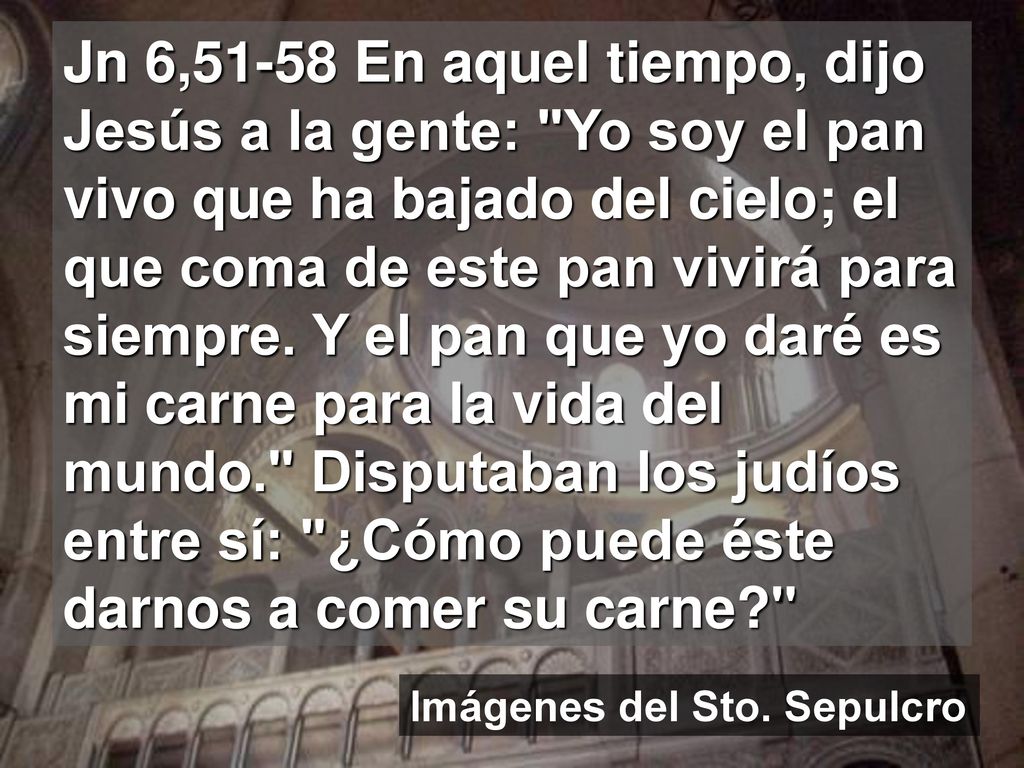Jn 6,51-58 En aquel tiempo, dijo Jesús a la gente: Yo soy el pan vivo que ha bajado del cielo; el que coma de este pan vivirá para siempre. Y el pan que yo daré es mi carne para la vida del mundo. Disputaban los judíos entre sí: ¿Cómo puede éste darnos a comer su carne