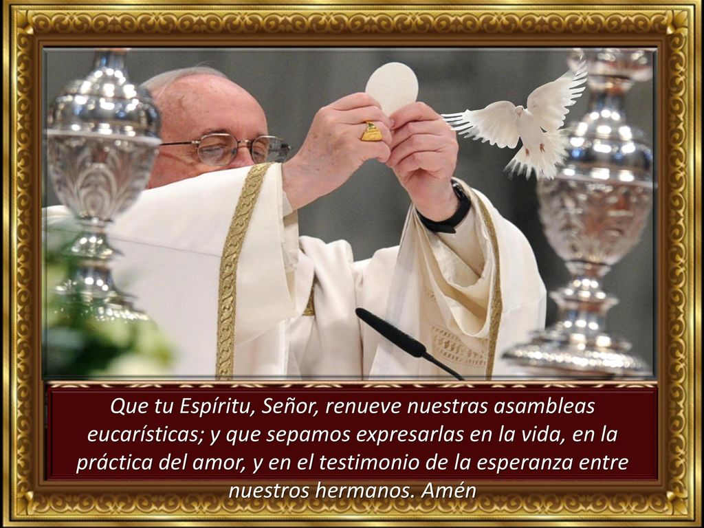 Que tu Espíritu, Señor, renueve nuestras asambleas eucarísticas; y que sepamos expresarlas en la vida, en la práctica del amor, y en el testimonio de la esperanza entre nuestros hermanos. Amén