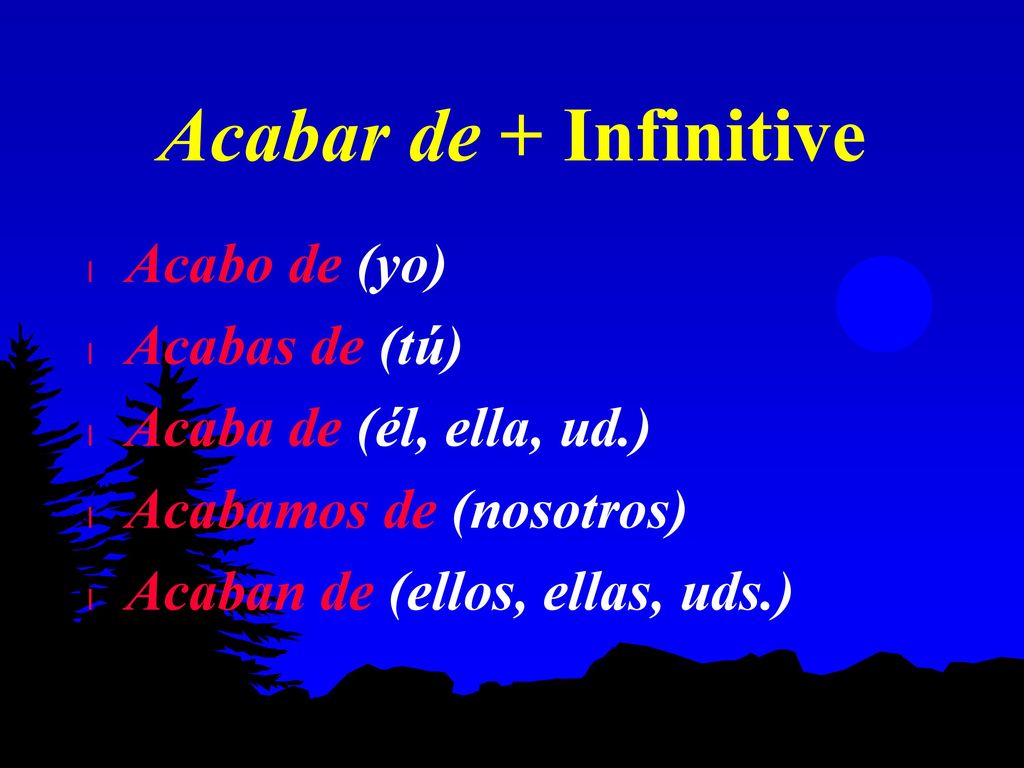 Acabar de + Infinitive Acabo de (yo) Acabas de (tú)