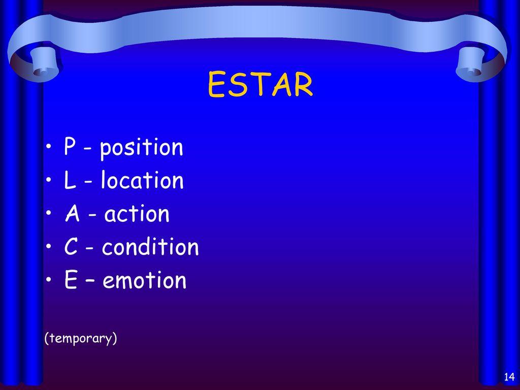 ESTAR P - position L - location A - action C - condition E – emotion