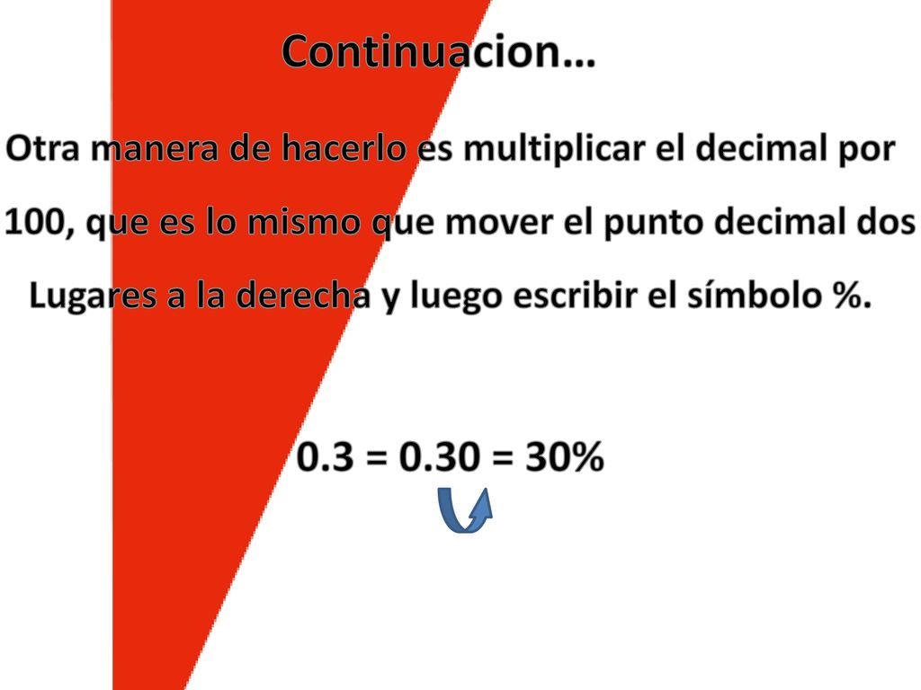 Continuacion… Otra manera de hacerlo es multiplicar el decimal por. 100, que es lo mismo que mover el punto decimal dos.