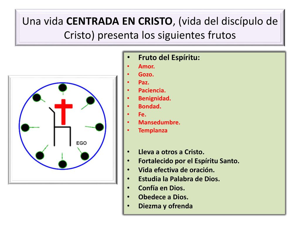 Una vida CENTRADA EN CRISTO, (vida del discípulo de Cristo) presenta los siguientes frutos