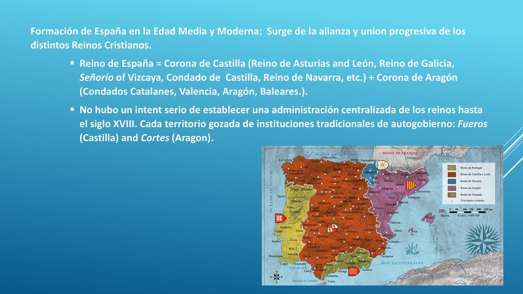 Formación de España en la Edad Media y Moderna: Surge de la alianza y union progresiva de los distintos Reinos Cristianos.