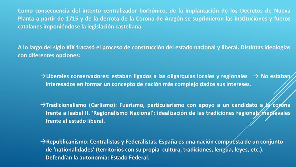 Como consecuencia del intento centralizador borbónico, de la implantación de los Decretos de Nueva Planta a partir de 1715 y de la derrota de la Corona de Aragón se suprimieron las instituciones y fueros catalanes imponiéndose la legislación castellana.