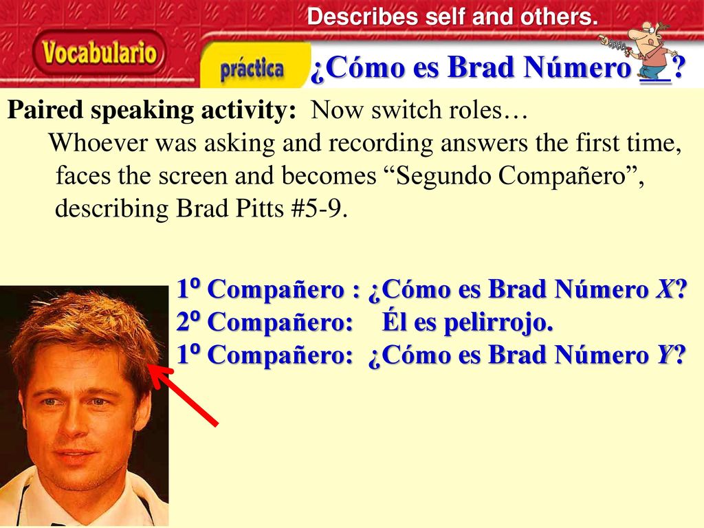¿Cómo es Brad Número __ Paired speaking activity: Now switch roles…