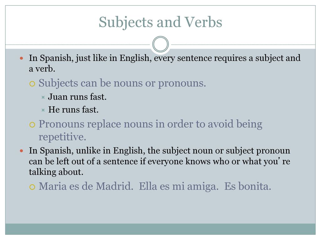 Subjects and Verbs Subjects can be nouns or pronouns.