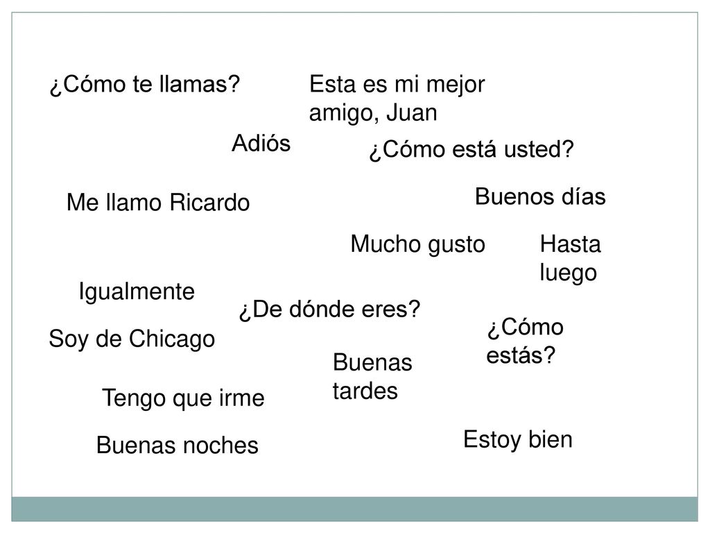¿Cómo te llamas Esta es mi mejor amigo, Juan. Adiós. ¿Cómo está usted Buenos días. Me llamo Ricardo.