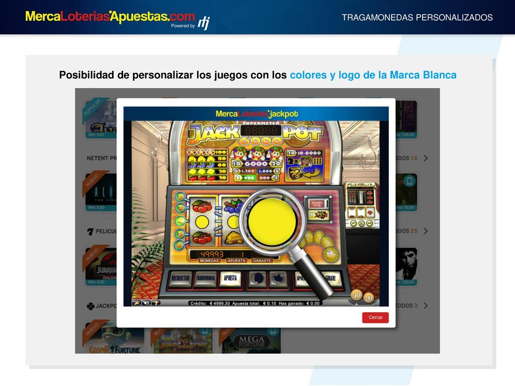 Powered by TRAGAMONEDAS PERSONALIZADOS. Posibilidad de personalizar los juegos con los colores y logo de la Marca Blanca.