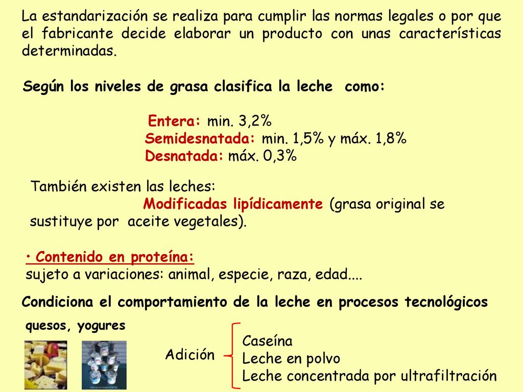 Según los niveles de grasa clasifica la leche como: Entera: min. 3,2%