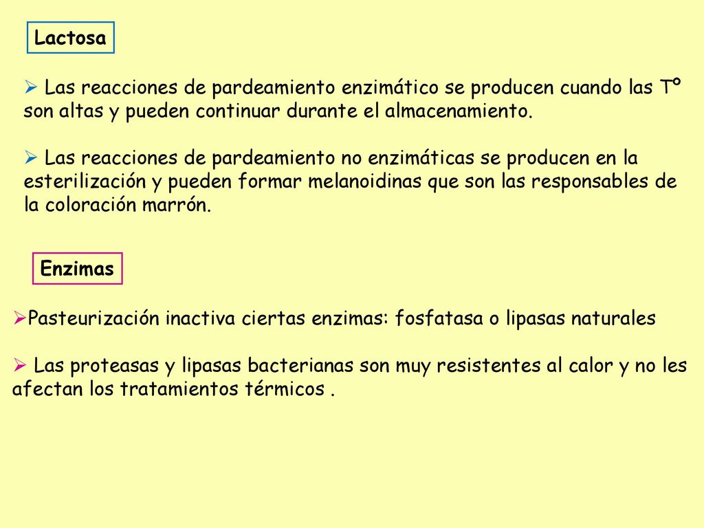 Lactosa Las reacciones de pardeamiento enzimático se producen cuando las Tº son altas y pueden continuar durante el almacenamiento.