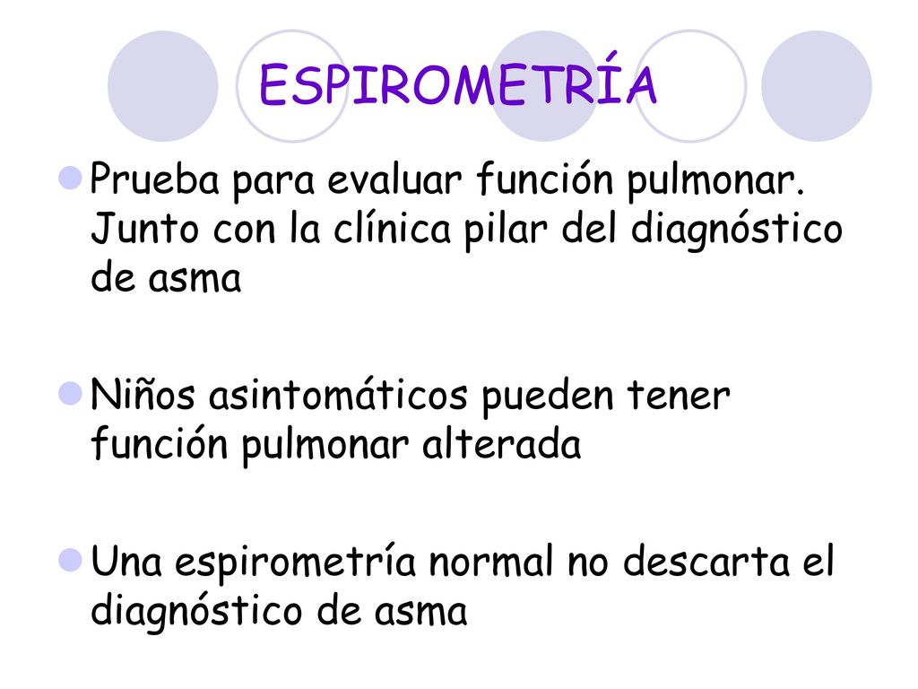 ESPIROMETRÍA Prueba para evaluar función pulmonar. Junto con la clínica pilar del diagnóstico de asma.
