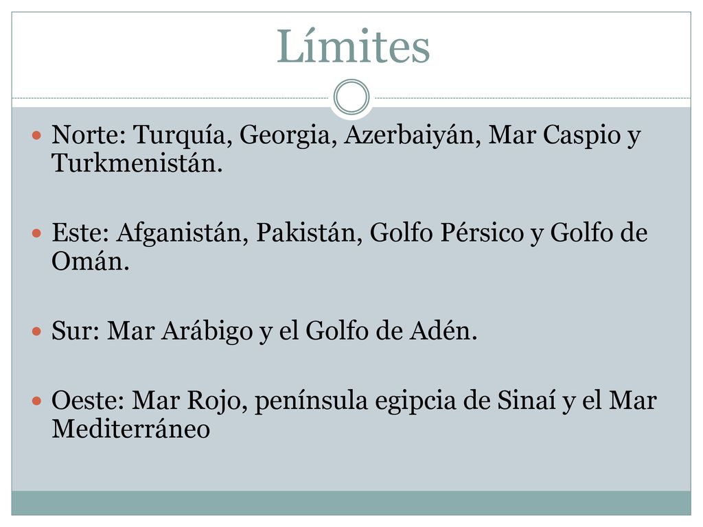 Límites Norte: Turquía, Georgia, Azerbaiyán, Mar Caspio y Turkmenistán. Este: Afganistán, Pakistán, Golfo Pérsico y Golfo de Omán.