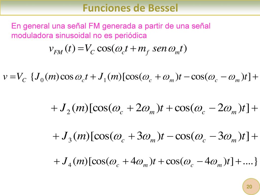 Funciones de Bessel En general una señal FM generada a partir de una señal moduladora sinusoidal no es periódica.
