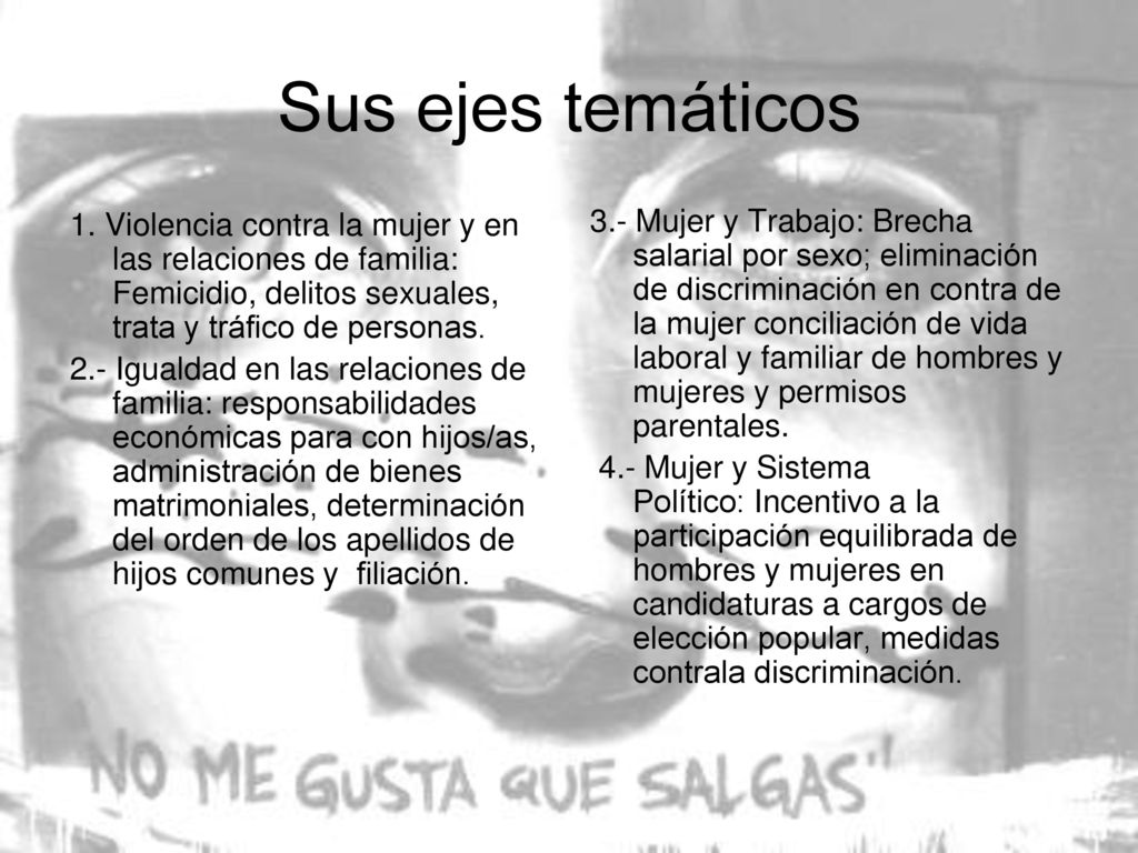 Sus ejes temáticos 1. Violencia contra la mujer y en las relaciones de familia: Femicidio, delitos sexuales, trata y tráfico de personas.
