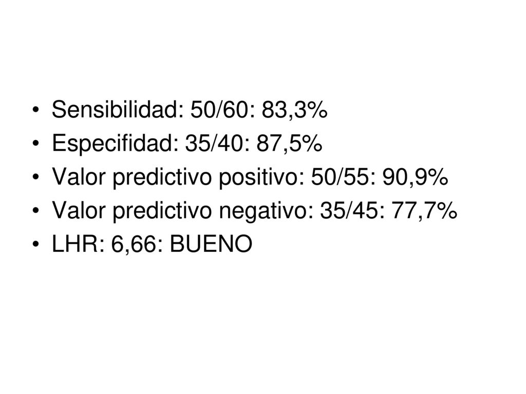 Sensibilidad: 50/60: 83,3% Especifidad: 35/40: 87,5% Valor predictivo positivo: 50/55: 90,9% Valor predictivo negativo: 35/45: 77,7%