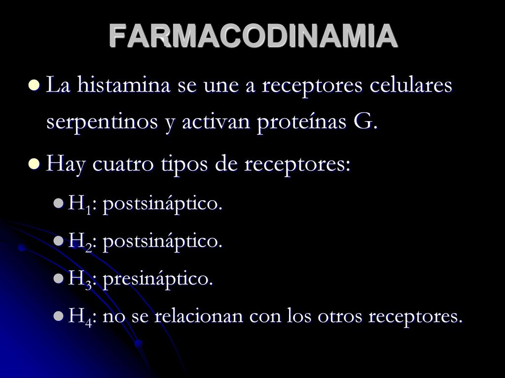 FARMACODINAMIA La histamina se une a receptores celulares serpentinos y activan proteínas G. Hay cuatro tipos de receptores: