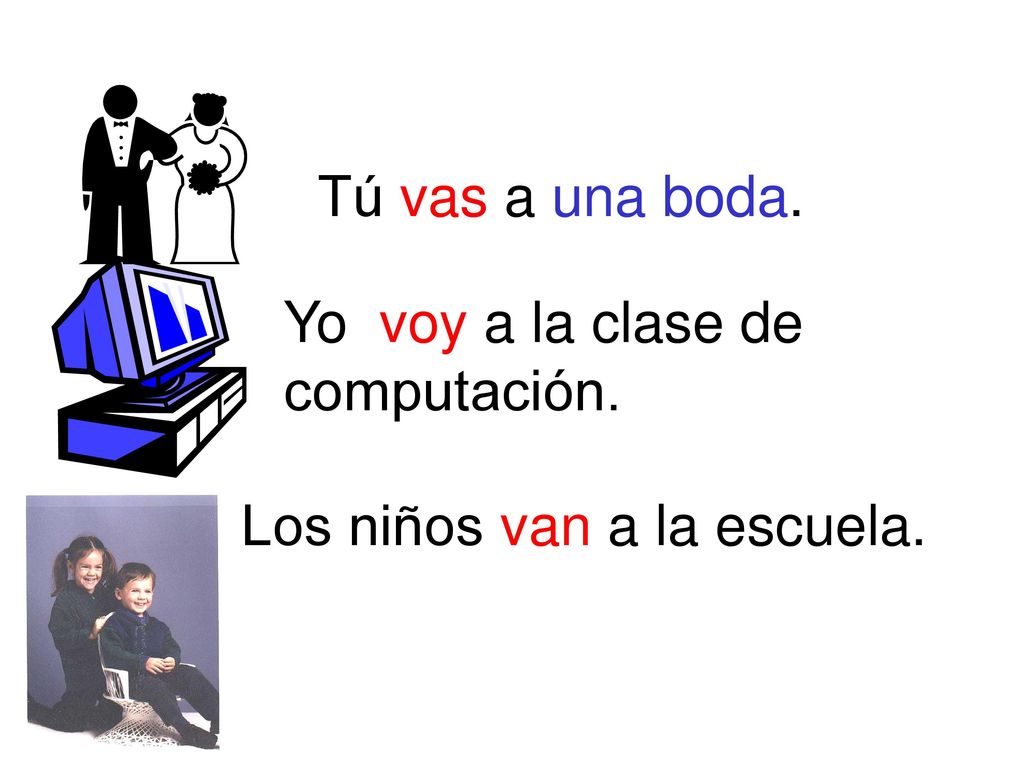 Tú vas a una boda. Yo voy a la clase de computación. Los niños van a la escuela.