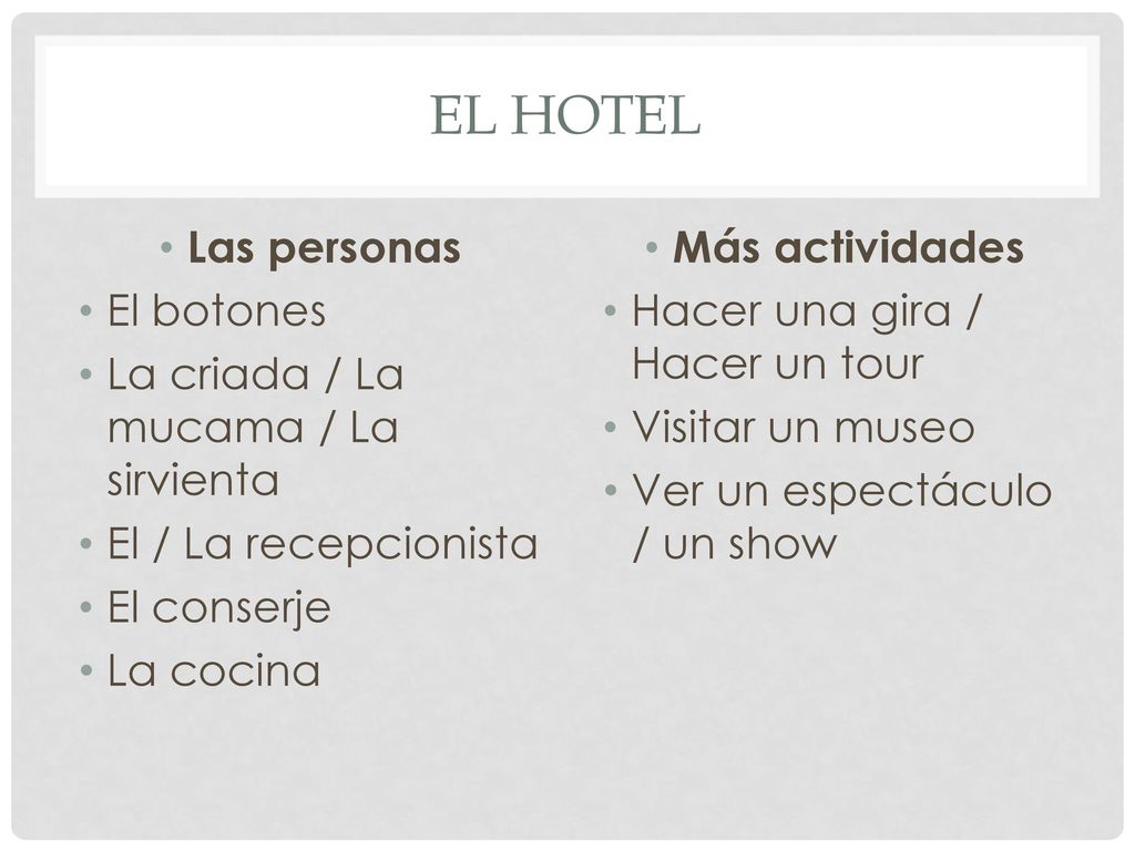 El hotel Las personas El botones La criada / La mucama / La sirvienta