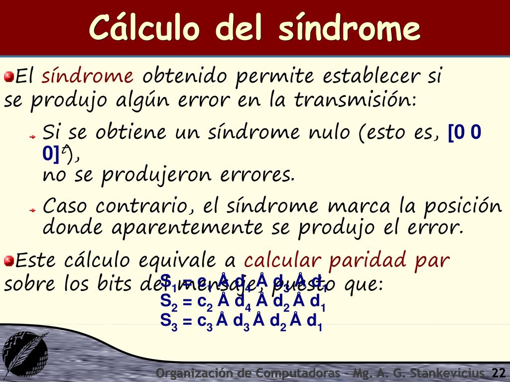 Cálculo del síndrome El síndrome obtenido permite establecer si se produjo algún error en la transmisión: