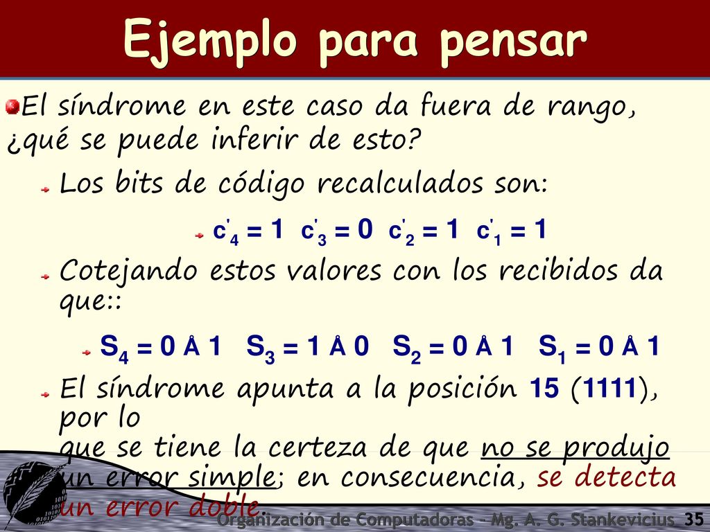 Ejemplo para pensar El síndrome en este caso da fuera de rango, ¿qué se puede inferir de esto Los bits de código recalculados son: