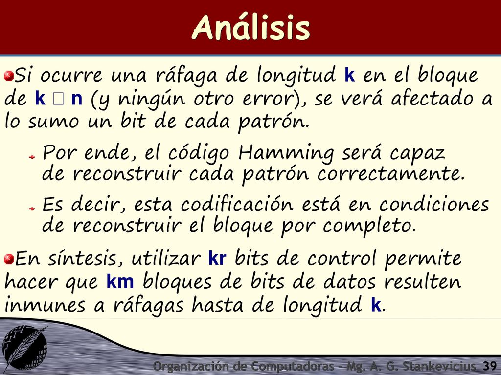 Análisis Si ocurre una ráfaga de longitud k en el bloque de k  n (y ningún otro error), se verá afectado a lo sumo un bit de cada patrón.