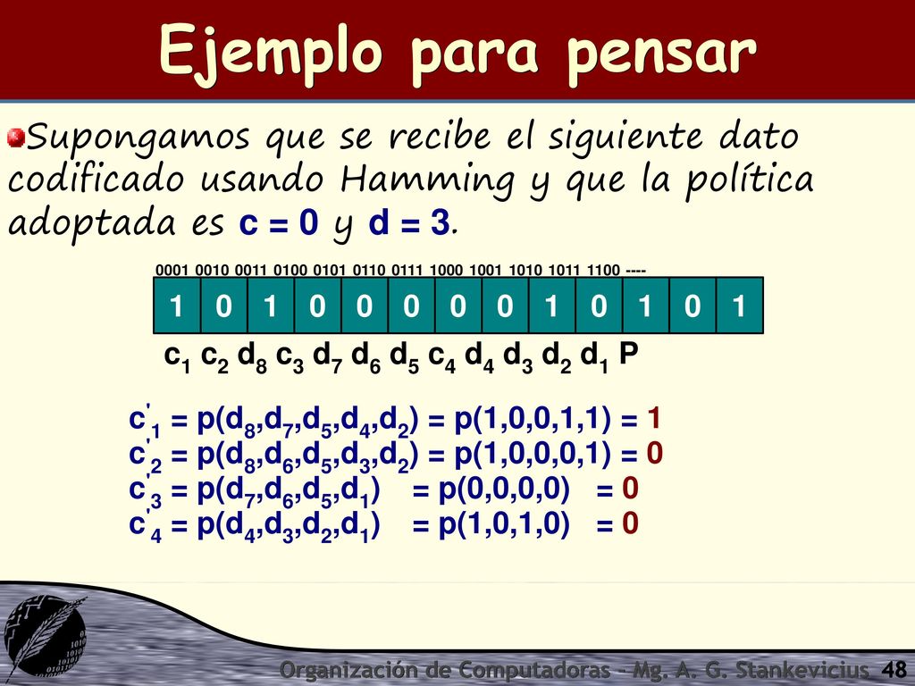 Ejemplo para pensar Supongamos que se recibe el siguiente dato codificado usando Hamming y que la política adoptada es c = 0 y d = 3.