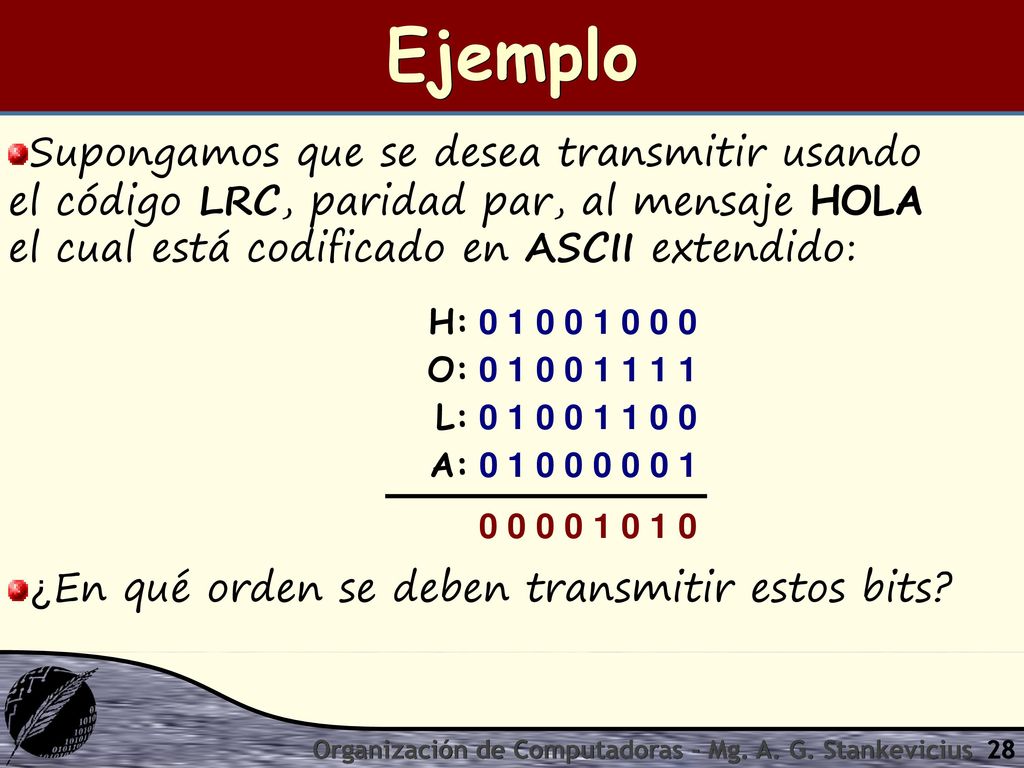 Ejemplo Supongamos que se desea transmitir usando el código LRC, paridad par, al mensaje HOLA el cual está codificado en ASCII extendido: