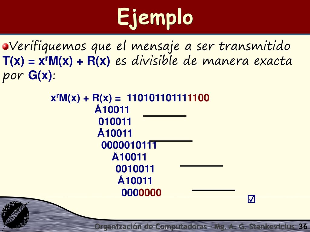 Ejemplo Verifiquemos que el mensaje a ser transmitido T(x) = xrM(x) + R(x) es divisible de manera exacta por G(x):